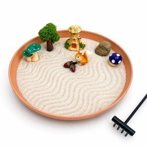 Mini Zen Garden with Woodland Figurines – Desktop Sand Garden Kit with Rake
